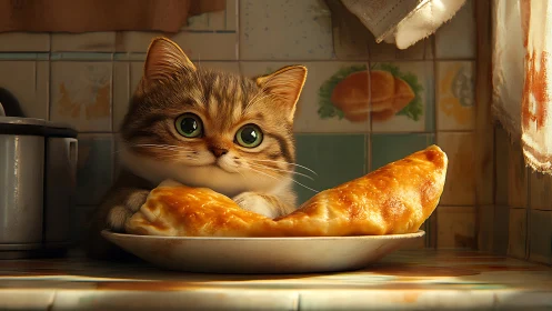A Curious Tabby Kitten Enjoys Fresh Baked Bread in a Cozy Kitchen