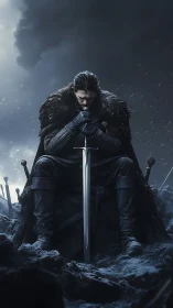 Brooding winter king clutching a stormlit silver sword.