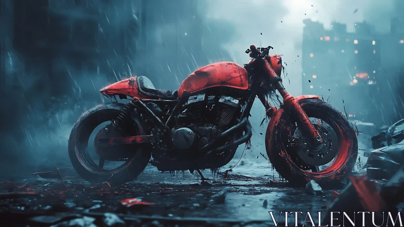 Red motorcycle in wet urban ruin under heavy rainfall.