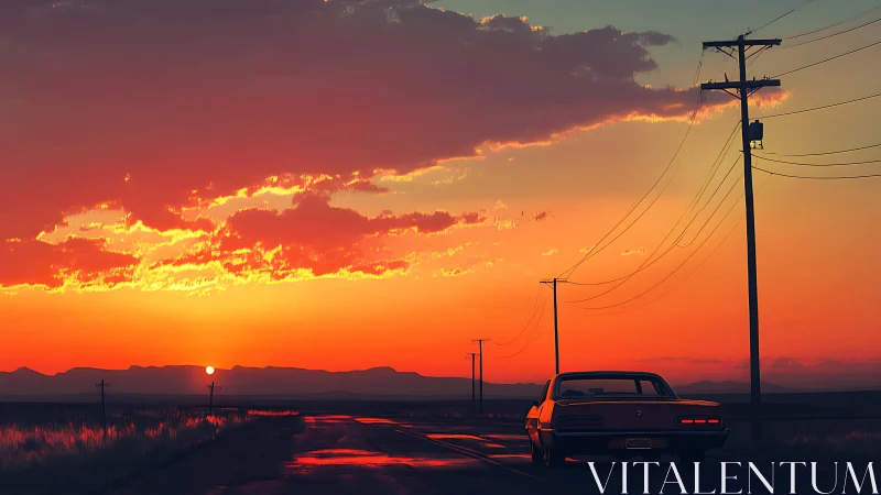 Classic car on rural highway under vivid orange sunset sky.