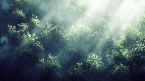 Sunlit forest mist where quiet treetops softly glow.