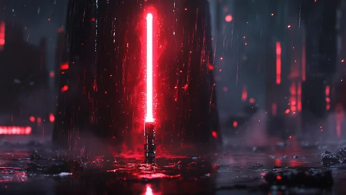 Red plasma sword ignited on wet cyberpunk street in rain