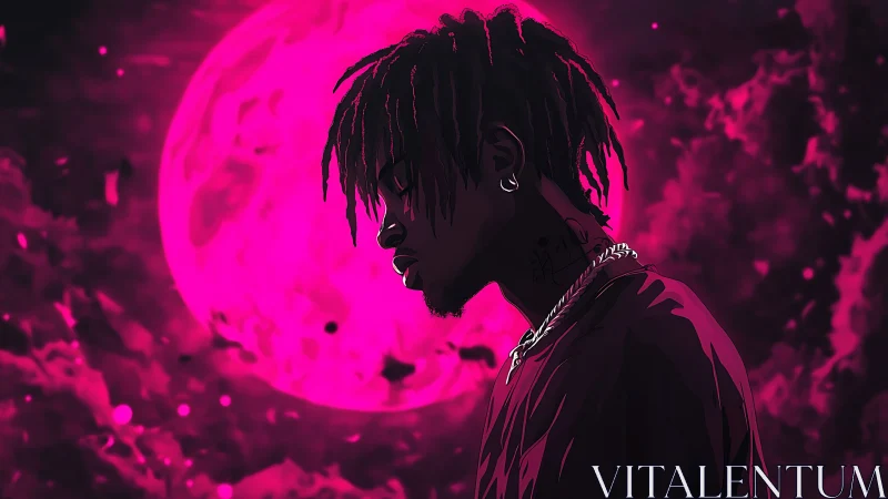 Side-lit profile portrait contrasts neon magenta moon and deep shadows