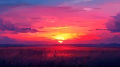 Radiant horizon sunset over painterly crimson plains.
