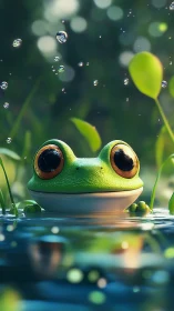 Wide-eyed cartoon frog gazes up through sparkling raindrops.