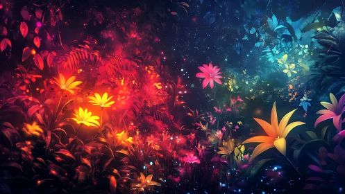 Luminous fantasy garden with glowing neon wildflowers.