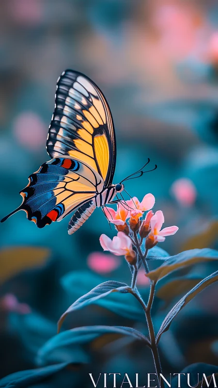 Macro profile of swallowtail butterfly on pastel blooms