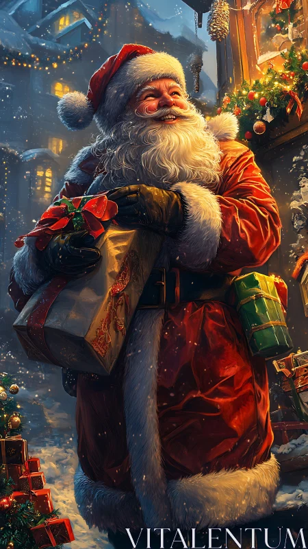 Santa Claus smiles warmly as he delivers glowing gifts