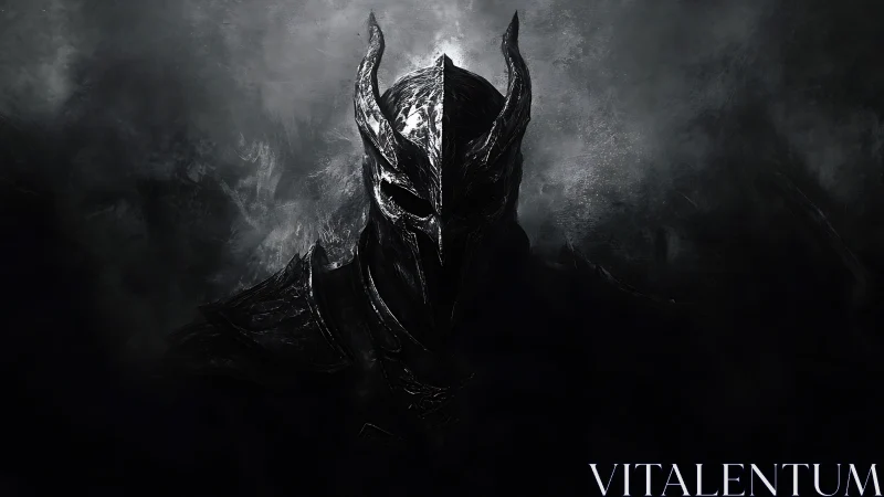 Dark armored warlord emerging from shadowed storm.