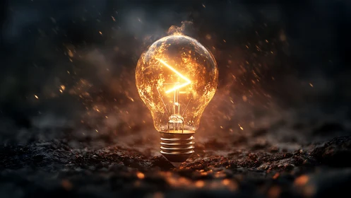 Glowing lightbulb burns bright against dark, as sparks swirl