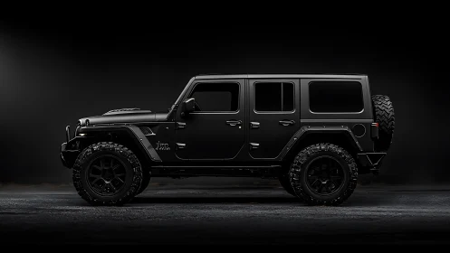 Photorealistic side-profile studio render of black off-road SUV.
