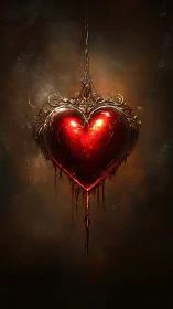 Illuminated ornamental heart suspended by chain on textured background.