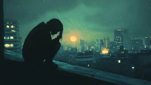 Rooftop silhouette grieving beneath a rain-soaked neon city.