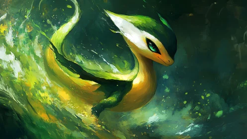 Graceful green serpent drifting through glowing forest light.