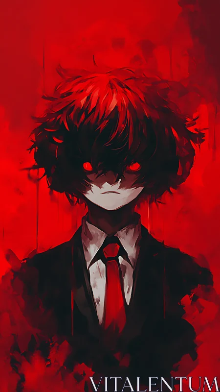 Crimson-suited shadow child smiles through burning red haze