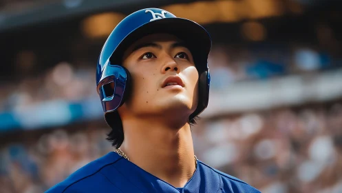 Young baseball player soaking in stadium lights and hope.