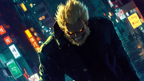 Demonic brute stalks neon city street under heavy rain.