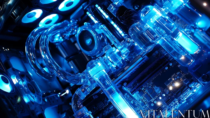 Custom PC liquid cooling loop glows with intense neon blue