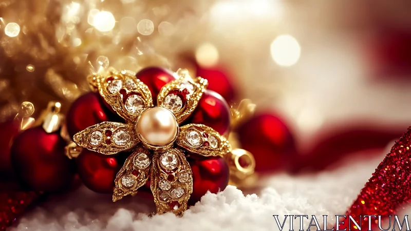 Gold jeweled flower ornament on red Christmas baubles.