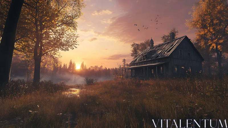 Golden sunset settles over a quiet weathered country house