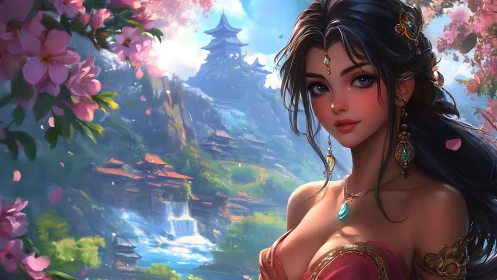 Sakura sorceress guarding a cascading mountain kingdom.