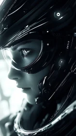 Side profile of helmeted figure in reflective sci fi gear.