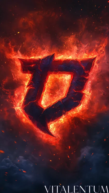 Molten stone emblem burns within swirling infernal fire