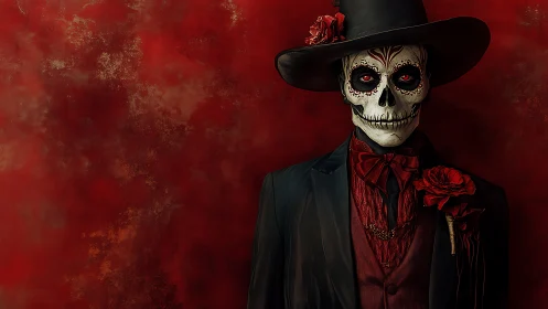 Elegant calavera gentleman in crimson suit and shadowed hat.