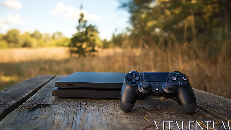 PlayStation console with controller on rustic outdoor table.