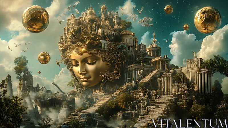Golden celestial city crowned by serene goddess visage.
