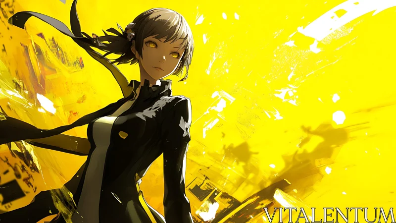 Stoic anime heroine stands before vivid yellow energy field