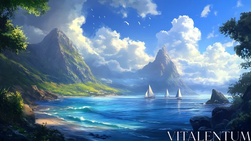 Sunlit sailboats drift gently beneath towering sea cliffs