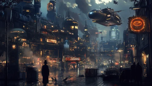 Moody cyberpunk city street with flying car at night.