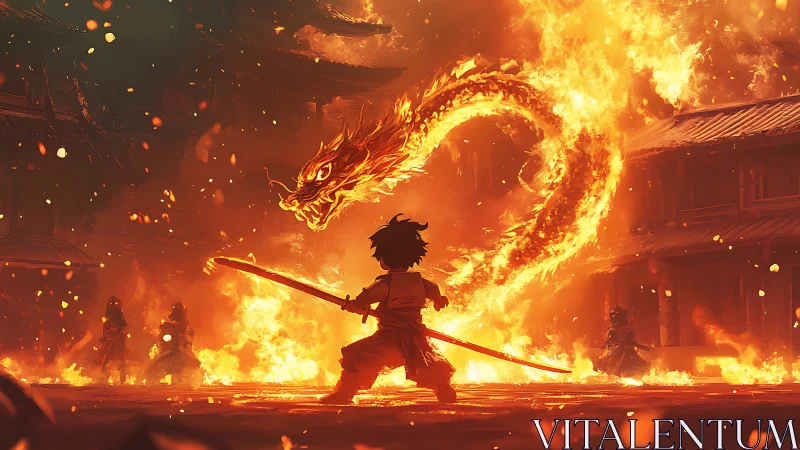 Child warrior facing flaming dragon in burning courtyard.