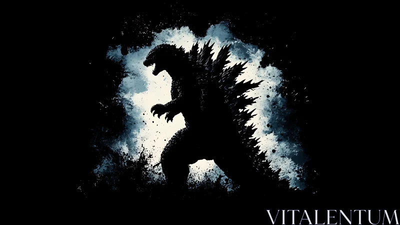 Silhouetted kaiju profile emerges from explosive ink wash field