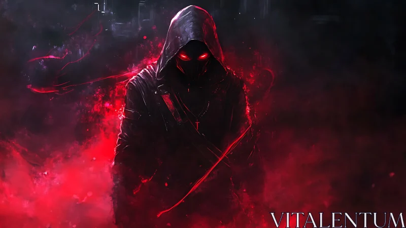 Hooded figure with red glowing eyes in smoky darkness.