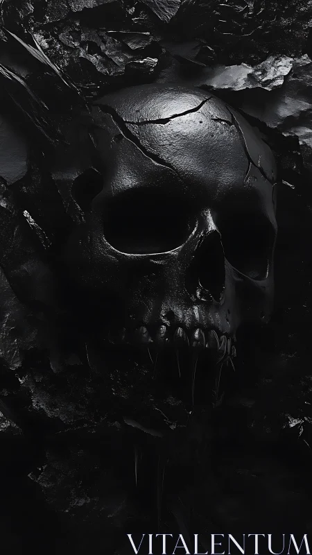 Midnight obsidian skull yawns open from fractured stone