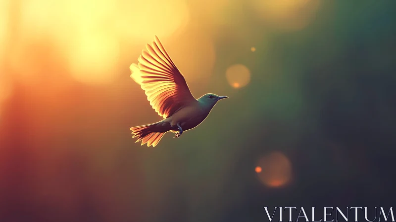 Backlit bird in mid-flight with warm bokeh and soft depth falloff