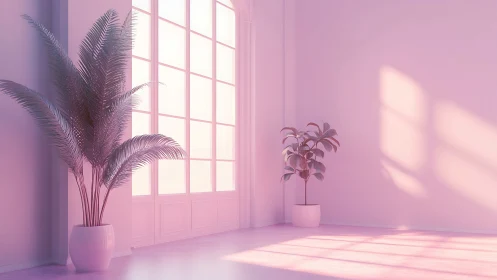 Soft sunrise studio with pink light and quiet plants.