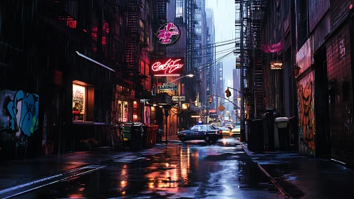Neon rain braids a narrow city alley into liquid color