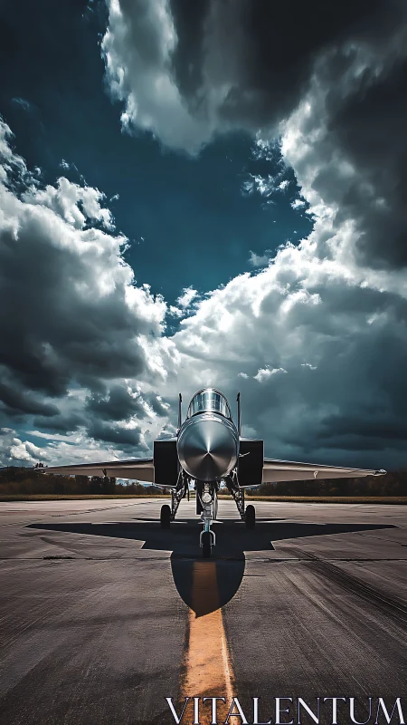 Front view fighter jet on runway under dramatic clouds.