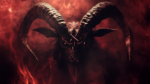 Demonic goat head with massive horns emerges from red smoke