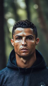 Focused male athlete portrait framed by blurred forest