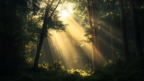 Sunbeams Filtering Through Lush Green Forest in Tranquil Morning Light.