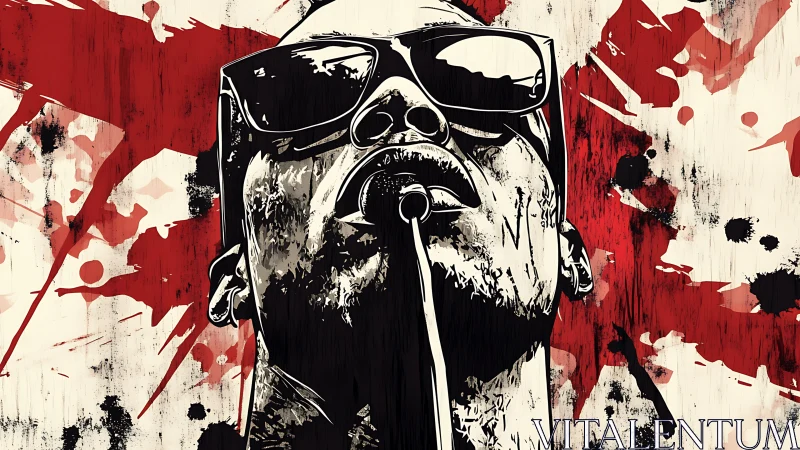 Stylized singer portrait with microphone and abstract splashes.