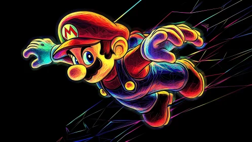 Neon-charged hero blasting through a prismatic pixel storm.