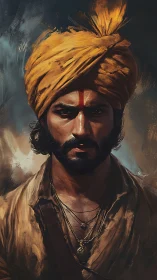 Fire-eyed desert warrior wrapped in storm-bright saffron.