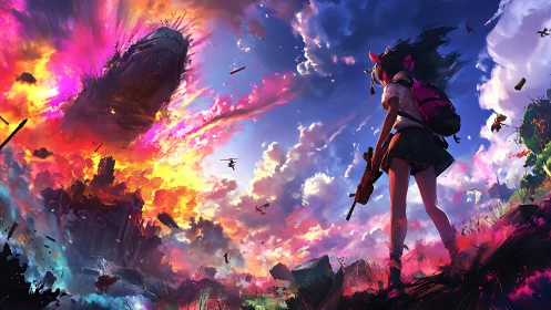 Brave schoolgirl warrior watches a neon sky explode in color