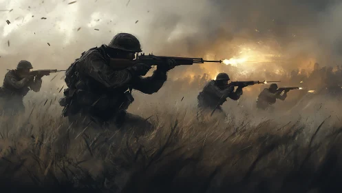 Flames of advance ignite the misty battlefield horizon.