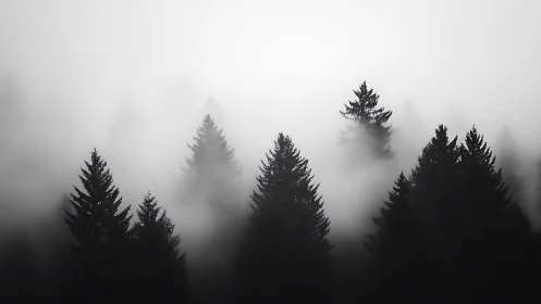 Coniferous treetops emerge through dense low-lying fog